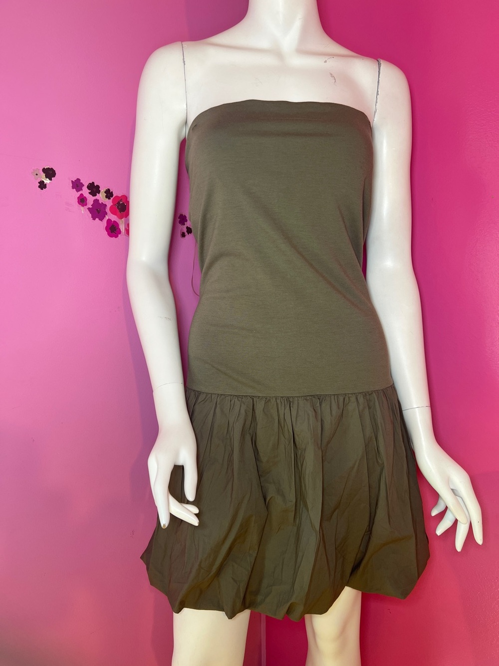 American Eagle Strapless Drop Waist Mini Bubble Dress olive green size xl